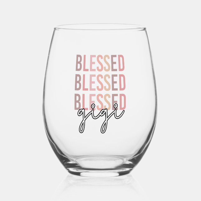 Blessed Gigi | Gifts for Gigi Grandma Stemless Wine Glass (Front)