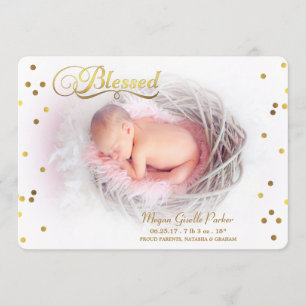 Blessed Gold Confetti Photo Birth Announcement