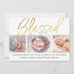 "Blessed" Gold Foil 3 Photo Birth Announcement