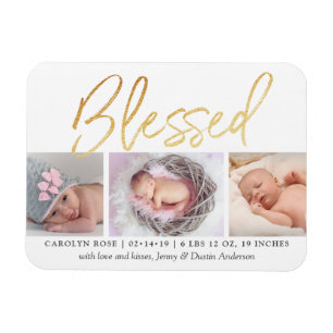 "Blessed" Gold Foil 3 Photo Birth Announcement Magnet
