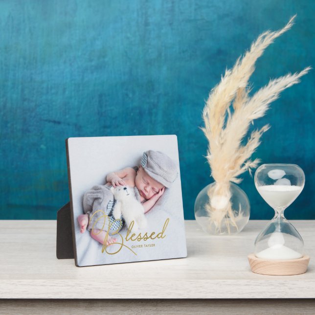 "Blessed" Gold Foil Effect Baby Personalised Plaque (Insitu)