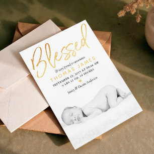 "Blessed" Gold Foil Photo Birth Announcement