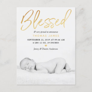 "Blessed" Gold Foil Photo Birth Announcement Postcard
