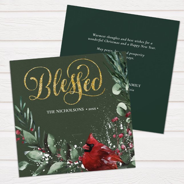 BLESSED Gold | Winter Red Cardinal Bird Pine Tree Holiday Card (Creator Uploaded)