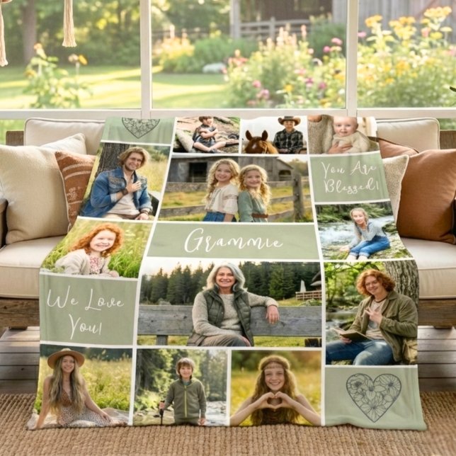 Blessed Grandma 12 Photo Collage Custom Text Fleece Blanket (Creator Uploaded)