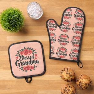 Blessed Grandma Floral Vintage Roses Typography Oven Mitt & Pot Holder Set