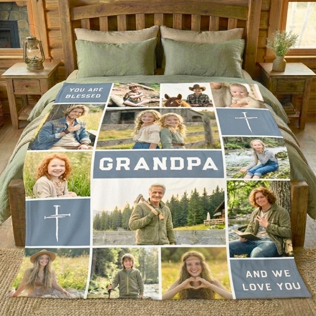 Blessed Grandpa 12 Photo Collage Custom Text Fleece Blanket (Creator Uploaded)