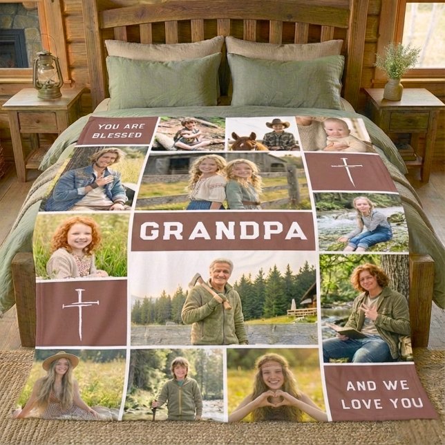 Blessed Grandpa 12 Photo Collage Custom Text Fleece Blanket (Creator Uploaded)