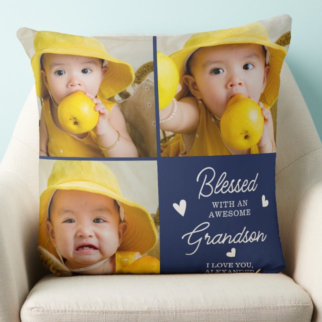 Blessed Grandparents Custom Modern 3 Photo Collage Cushion (Creator Uploaded)