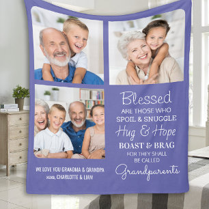 Blessed Grandparents Custom Modern Purple 3 Photo Fleece Blanket