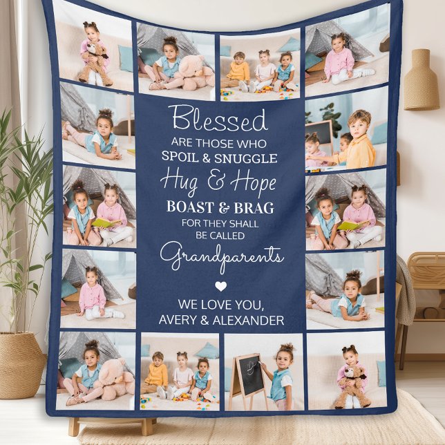 Blessed Grandparents Custom Navy Blue 14 Picture Fleece Blanket (Creator Uploaded)