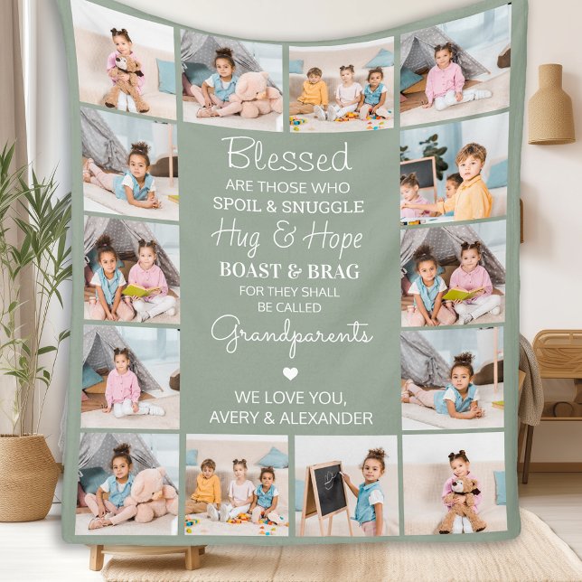 Blessed Grandparents Custom Sage Green 14 Picture Fleece Blanket (Creator Uploaded)