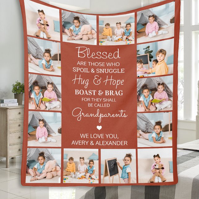 Blessed Grandparents Custom Terracotta 14 Picture Fleece Blanket (Creator Uploaded)