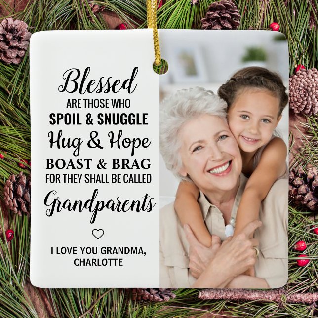 Blessed Grandparents Modern Personalized 2 Photo C Ceramic Ornament (Creator Uploaded)