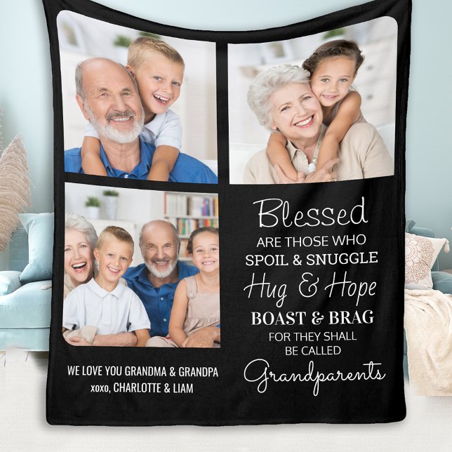 Blessed Grandparents Personalised Modern 3 Photo Fleece Blanket (Creator Uploaded)