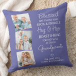 Blessed Grandparents Photo Collage Periwinkle Thro Cushion<br><div class="desc">Celebrate your grandparents with a custom photo collage pillow. This unique grandparents pillow is the perfect gift whether its a birthday, Grandparents day or Christmas. We hope your special keepsake grandparent gift will become a treasured keepsake for years to come. . Quote " Blessed are those who Spoil & Snuggle,...</div>