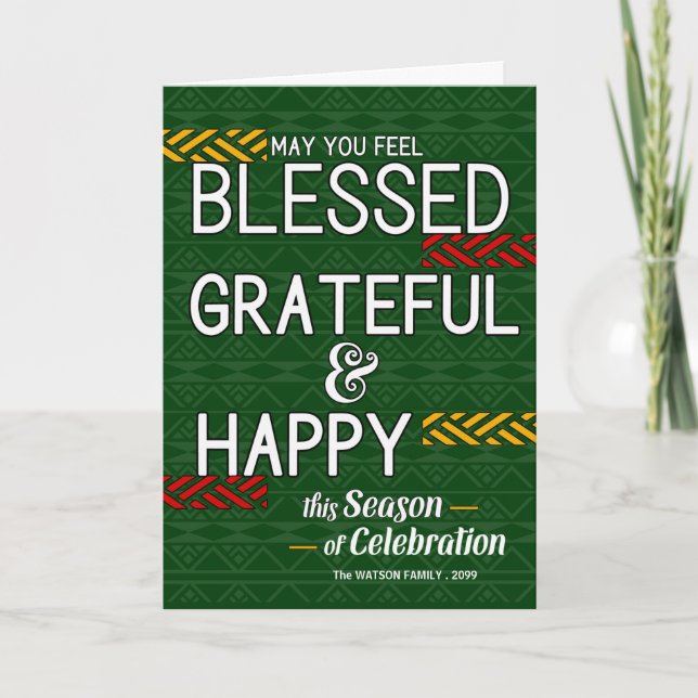 Blessed Grateful and Happy Tribal with Name Holiday Card (Front)