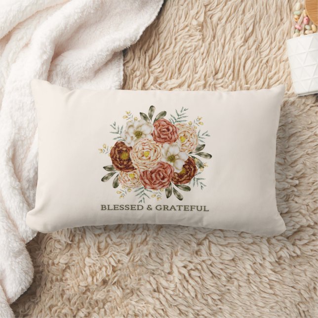Blessed & Grateful – Rustic Floral Lumbar Throw Pi Cushion (Blanket)
