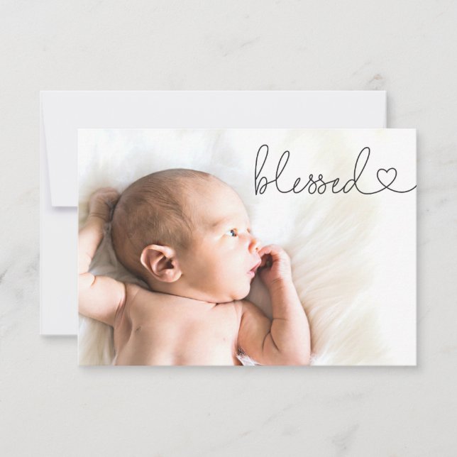 Blessed Heart Script Minimal Photo baby Baptism Thank You Card (Front)