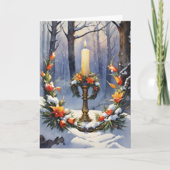 Blessed Imbolc Winter Floral Candle Wreath Wiccan Holiday Card (Front)