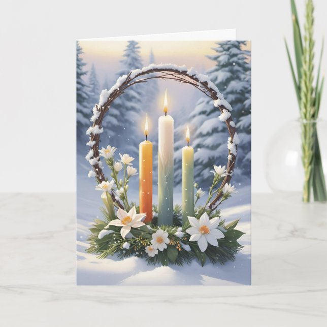 Blessed Imbolc Winter Floral Candle Wreath Wiccan Holiday Card (Front)