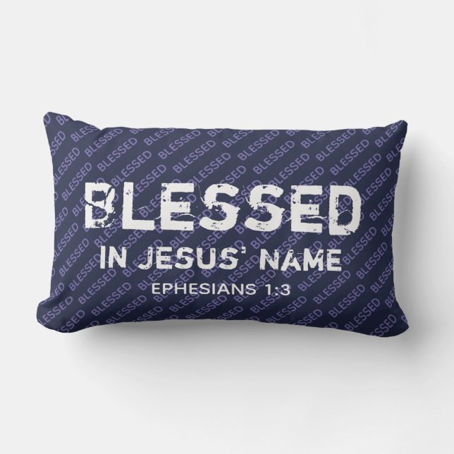 BLESSED IN JESUS' NAME Christian Scripture Blue Lumbar Cushion (Front)
