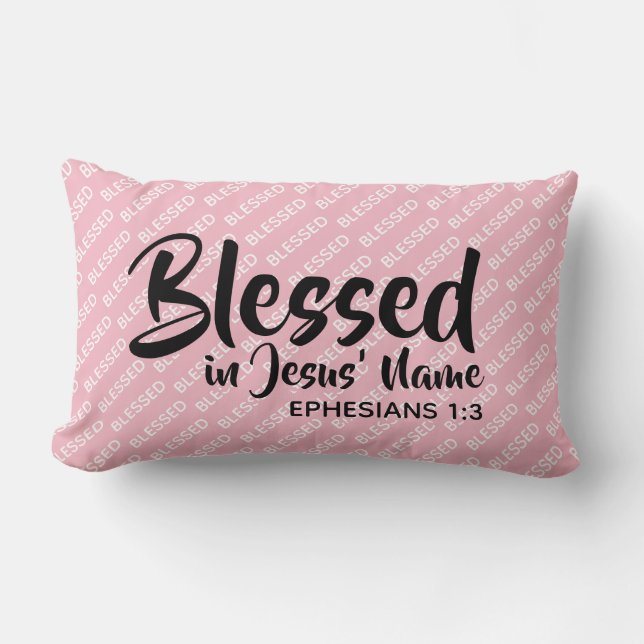 BLESSED IN JESUS' NAME Christian Scripture Pink Lumbar Cushion (Front)