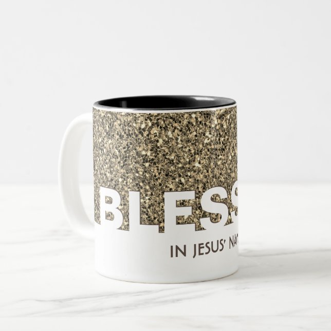 BLESSED In Jesus' Name | Stylish BEIGE Glitter Two-Tone Coffee Mug (Front Left)