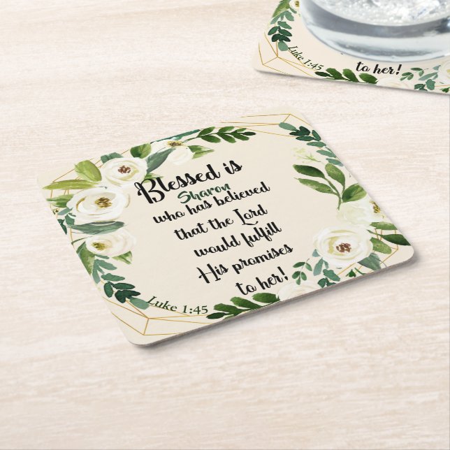 Blessed Is She Who Believed Name Christian  Square Paper Coaster (Angled)