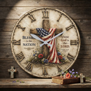 Blessed Is the Nation American Christian Patriotic Large Clock
