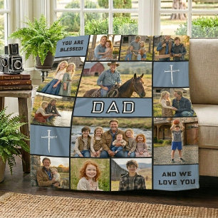 Blessed Loved Dad 12 Photo Collage Custom Text Fleece Blanket