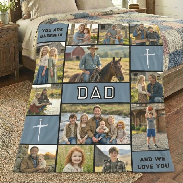 Blessed Loved Dad 12 Photo Collage Custom Text Fleece Blanket (Creator Uploaded)