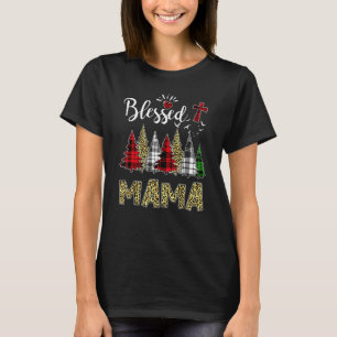 Blessed Mama Cross Christmas Trees Plaid Leopard P T-Shirt