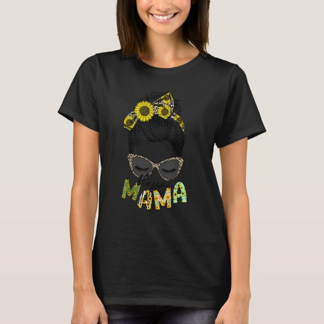 Blessed Mama Sunflower Leopard Glasses Messy Bun H T-Shirt (Front)
