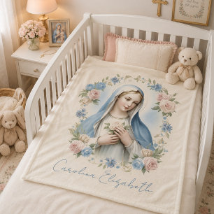Blessed Mary Religious Floral Pink Roses Fleece Blanket