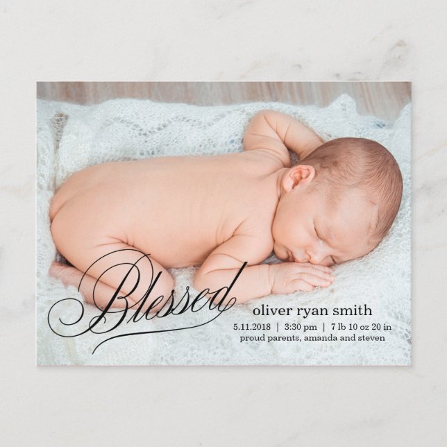 BLESSED Modern Birth Announcement Postcard (Front)