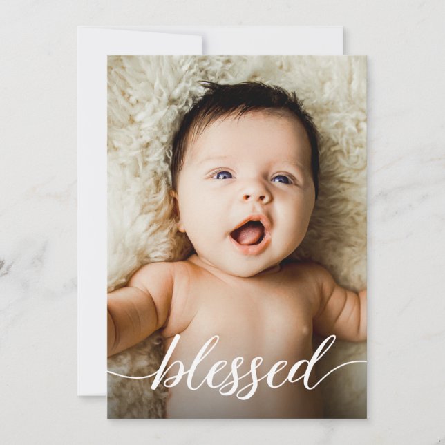 Blessed Modern script Cross Baby Baptism Photo Thank You Card (Front)