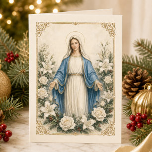 Blessed Mother Mary Catholic Floral  Holiday Card