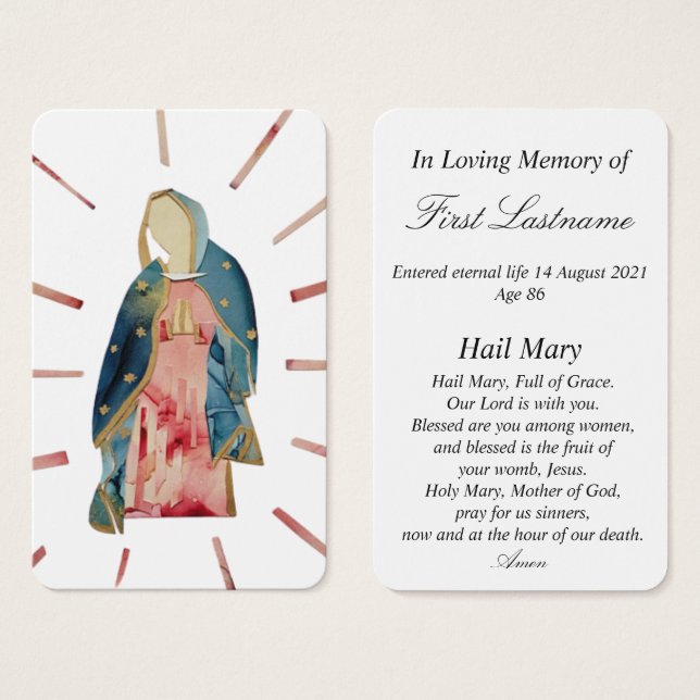 Blessed Mother Virgin Mary In Memory Prayer Card (Front & Back)