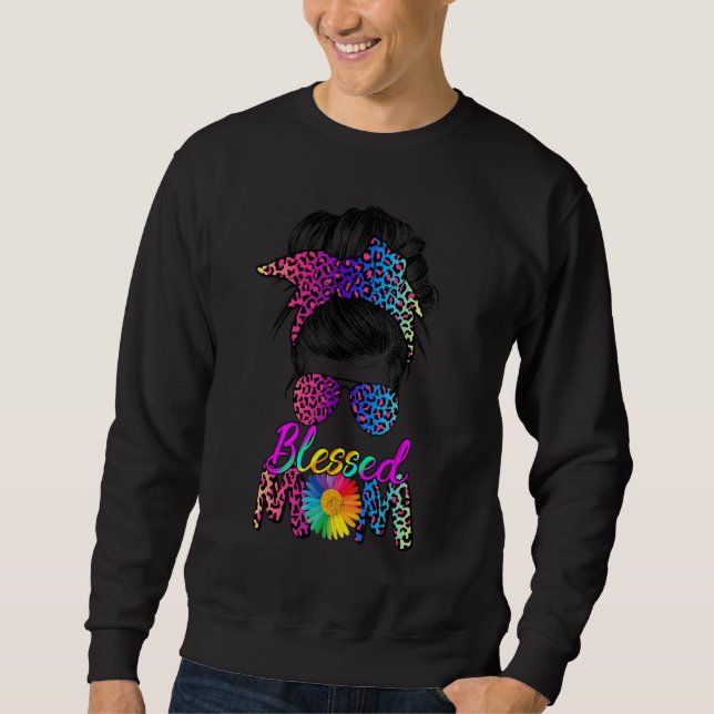 Blessed Mum Messy Bun Leopard Sunflower Mum Life M Sweatshirt (Front)