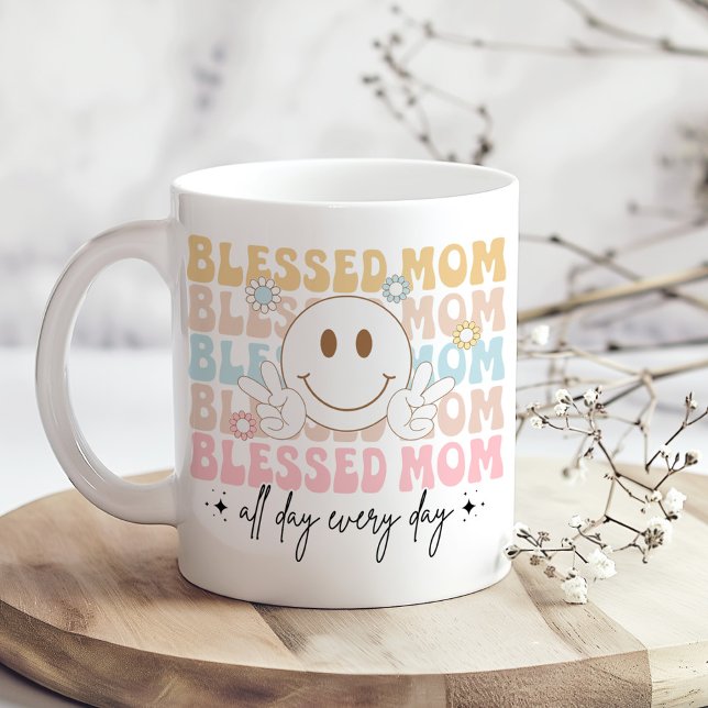 "Blessed Mum" Mother's Day Pastel Coloured Hippie Coffee Mug ("Blessed Mom" Mother's Day Pastel Colored Hippie Coffee Mug on a boho kitchen table with flowers)
