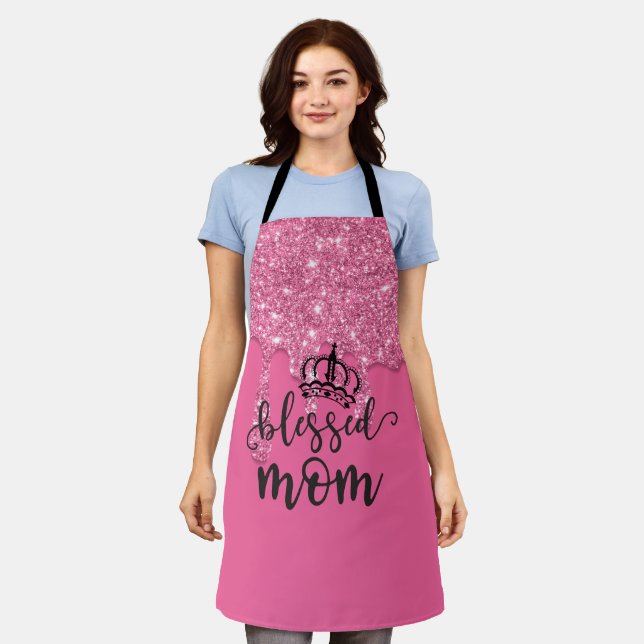 Blessed Mum Pink Dripping Glitter Apron (Worn)