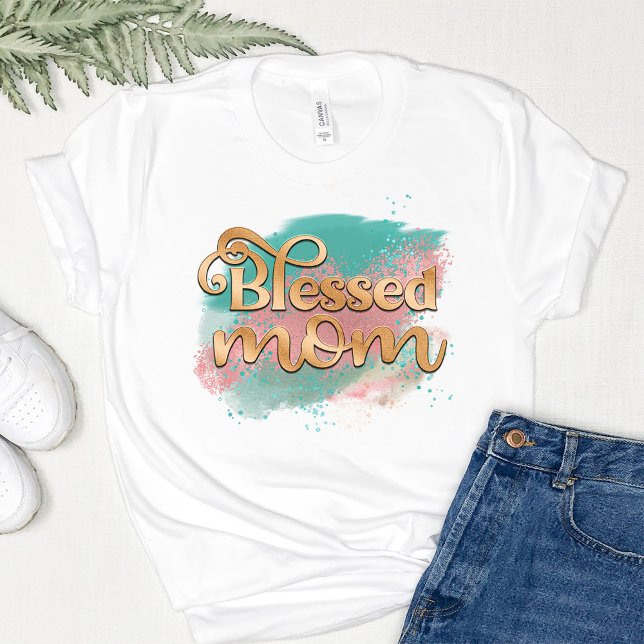 Blessed Mum Teal Pink and Gold Glitter Typography T-Shirt (Creator Uploaded)