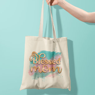 Blessed Mum Teal Pink and Gold Glitter Typography Tote Bag