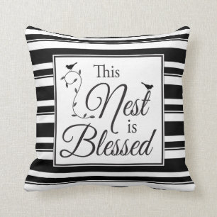 Blessed Nest Black and White Stripes & Birds Cushion