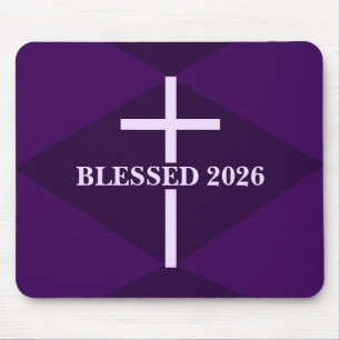 Blessed New Year 2026 Purple Christian Cross Mouse Pad
