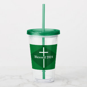 Blessed New Year Green and White Cross Christian Acrylic Tumbler