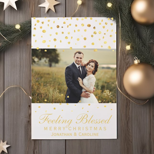 Blessed Newlywed Christmas Gold Confetti Photo Holiday Card (Creator Uploaded)