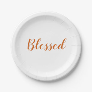 Blessed orange spice script cute thanksgiving paper plate
