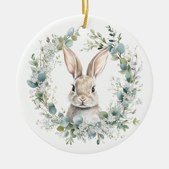 Blessed Ostara Rabbit Spring Easter Ceramic Ornament (Front)